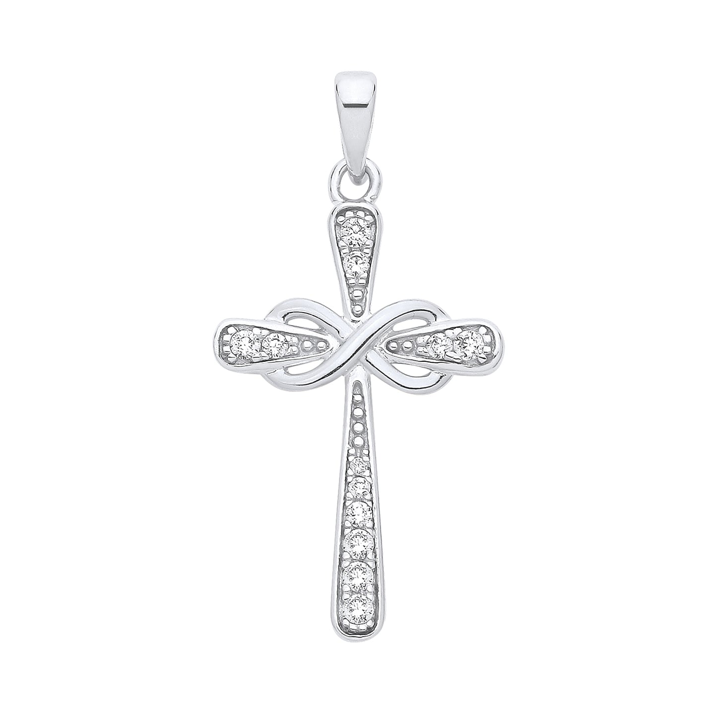 New 925 Silver &amp; Cubic Zirconia Set Infinity Cross Pendant with the weight 2.20 grams. Total Length 34mm Max Width 16.9mm