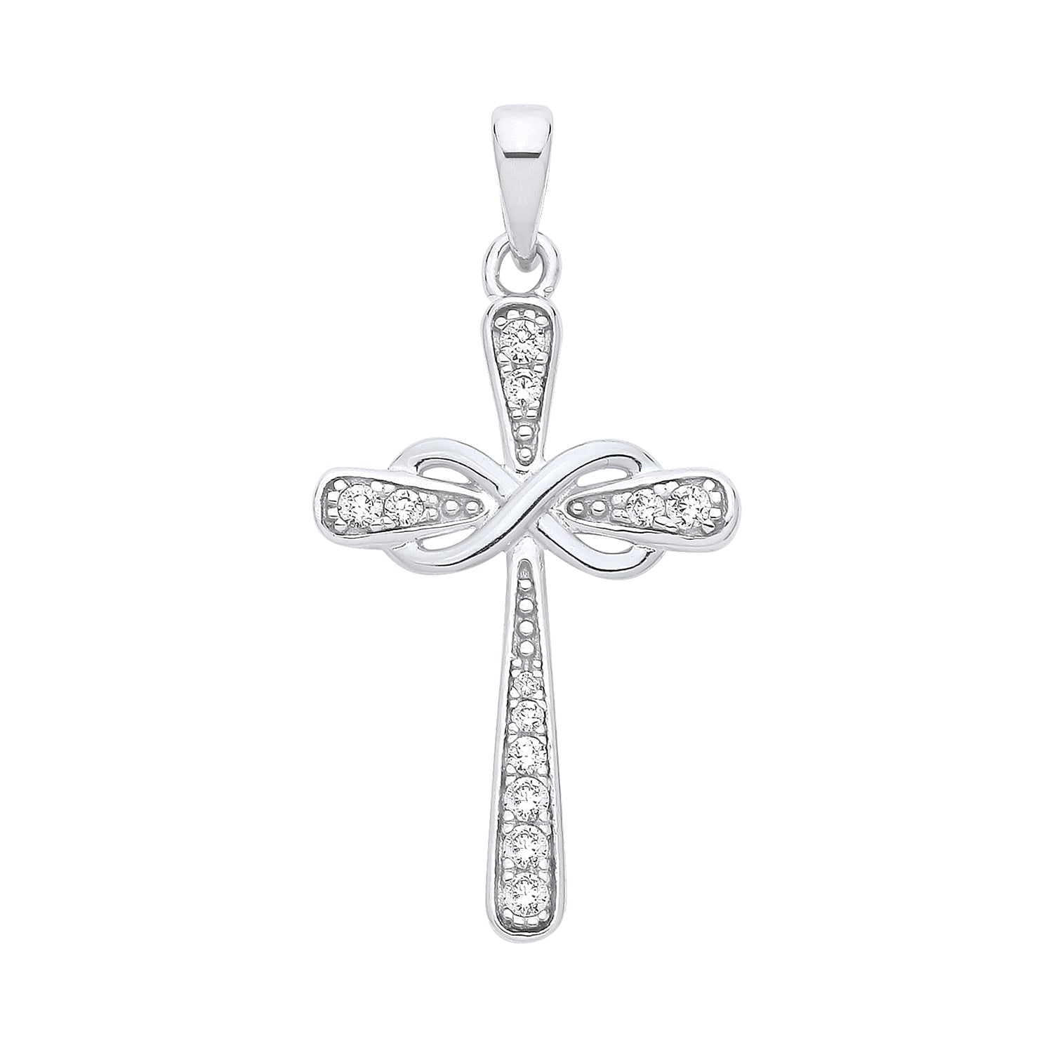 New 925 Silver &amp; Cubic Zirconia Set Infinity Cross Pendant with the weight 2.20 grams. Total Length 34mm Max Width 16.9mm