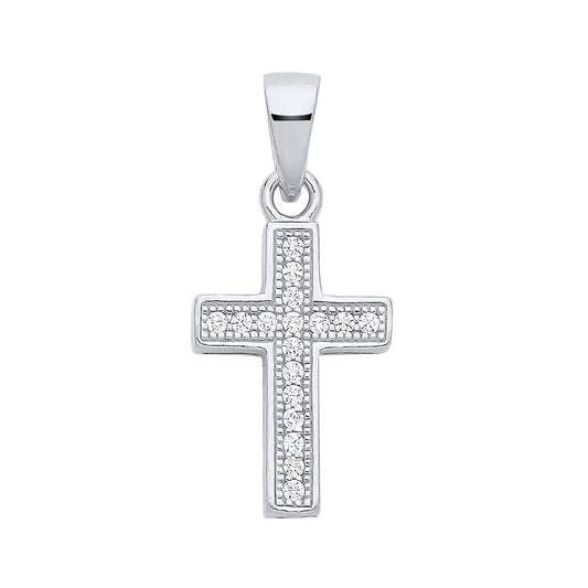 New 925 Silver &amp; Cubic Zirconia Set Small Cross Pendant with the weight 0.90 grams. Total Length 21mm Max Width 9.3mm