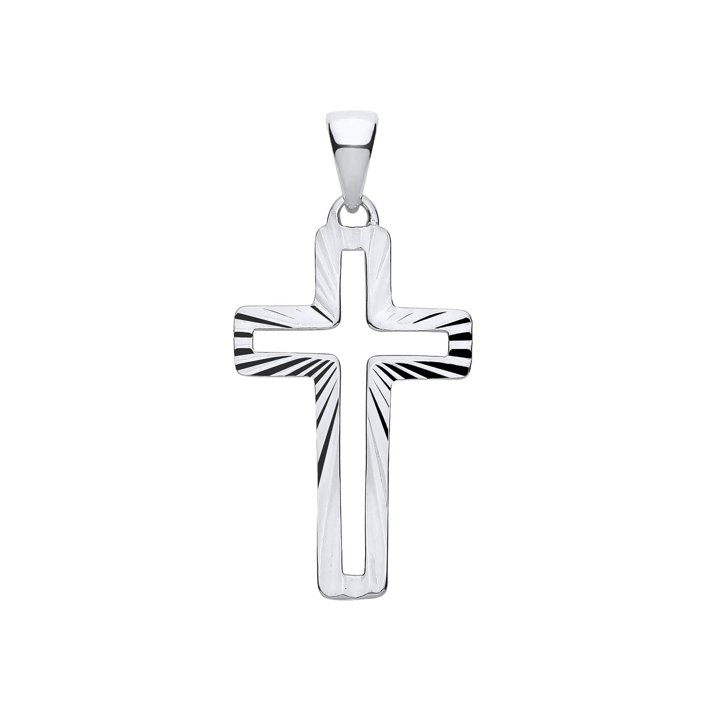 New 925 Silver Diamond Cut Starburst Style Open Patterned Cross Pendant with the weight 1 gram. Total Length 30mm Max Width 15.3mm