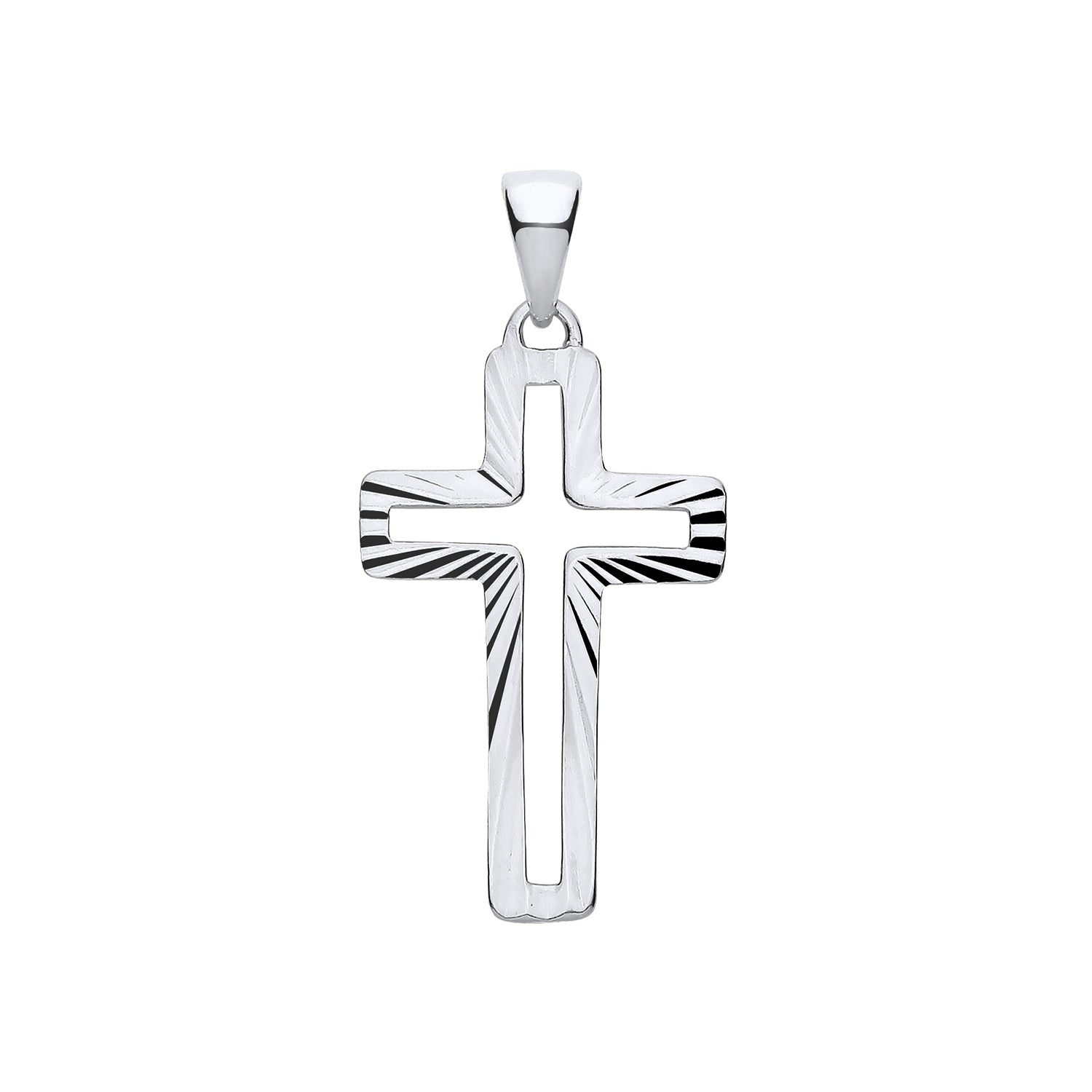 New 925 Silver Diamond Cut Starburst Style Open Patterned Cross Pendant with the weight 1 gram. Total Length 30mm Max Width 15.3mm