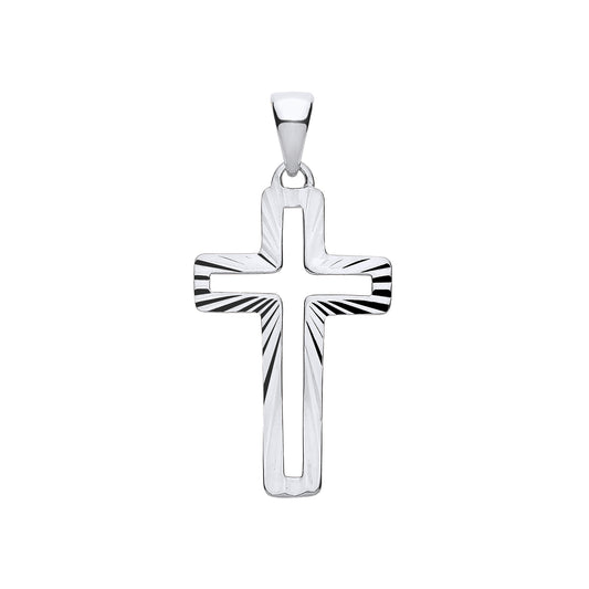 New 925 Silver Diamond Cut Starburst Style Open Patterned Cross Pendant with the weight 1 gram. Total Length 30mm Max Width 15.3mm