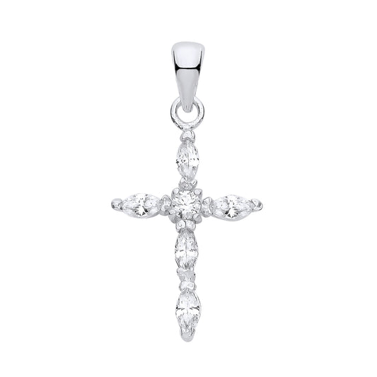 New 925 Silver &amp; Cubic Zirconia Set Marquise Cut Cross Pendant with the weight 0.90 grams. Total Length 26mm Max Width 13.3mm