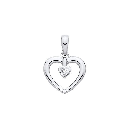 New 925 Silver &amp; Natural Diamond Set Open Heart Pendant with the weight 0.70 grams. Length x Width 16mm x 11.6mm