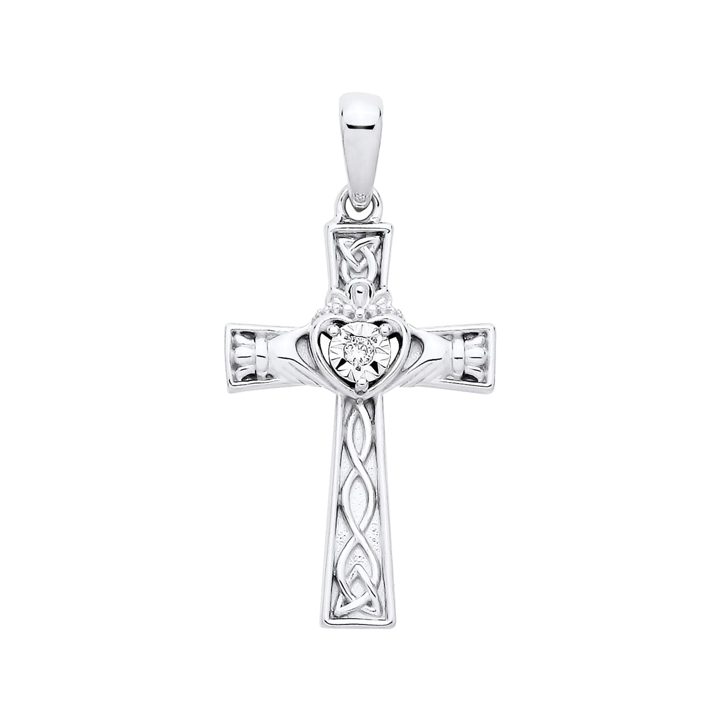 New 925 Silver &amp; Natural Diamond Set Claddagh Celtic Cross Pendant with the weight 1.30 grams. Length x Width 27mm x 13.6mm