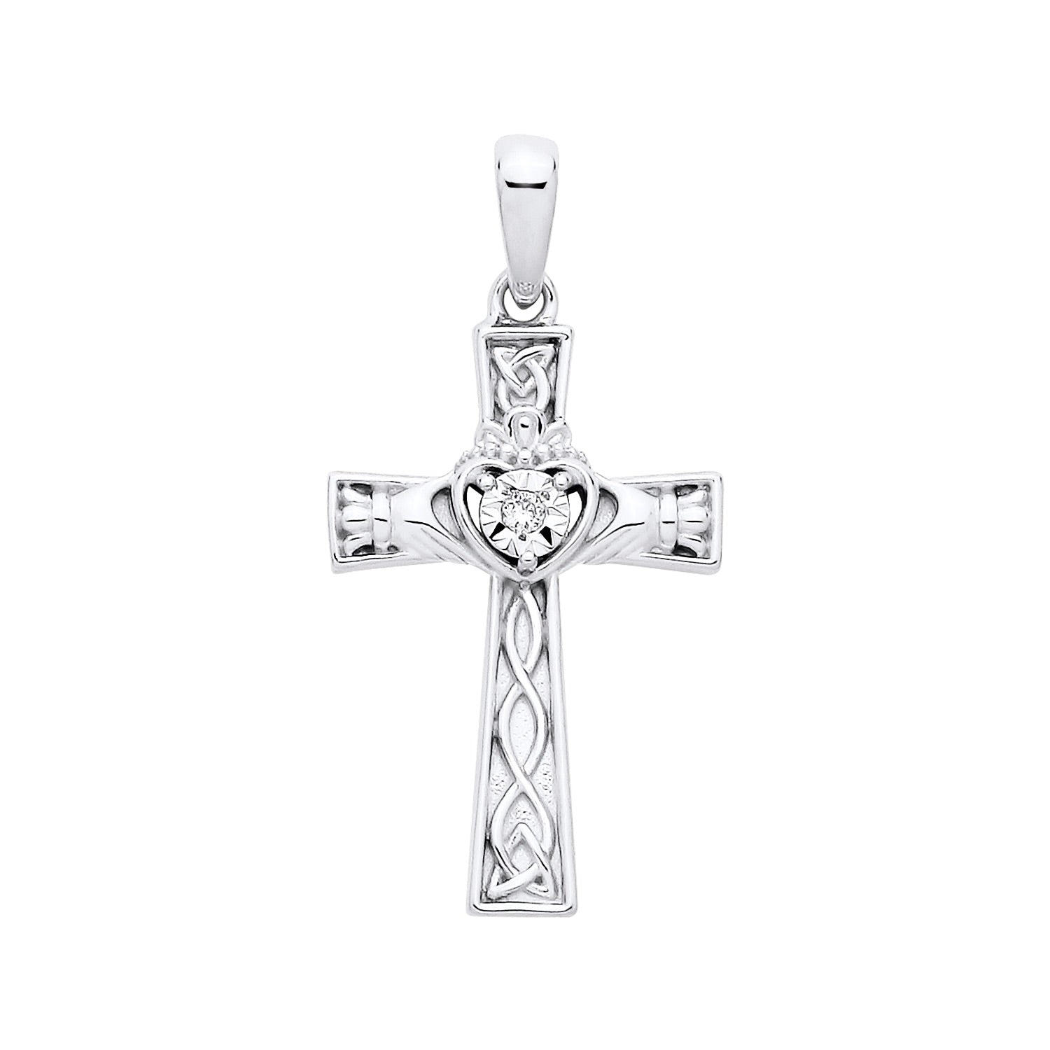 New 925 Silver &amp; Natural Diamond Set Claddagh Celtic Cross Pendant with the weight 1.30 grams. Length x Width 27mm x 13.6mm