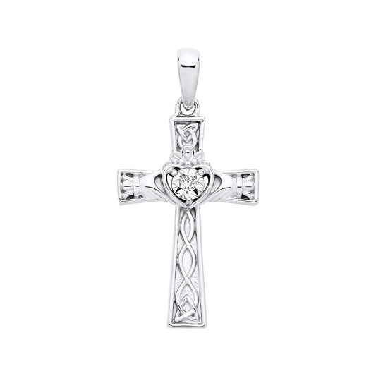 New 925 Silver &amp; Natural Diamond Set Claddagh Celtic Cross Pendant with the weight 1.30 grams. Length x Width 27mm x 13.6mm