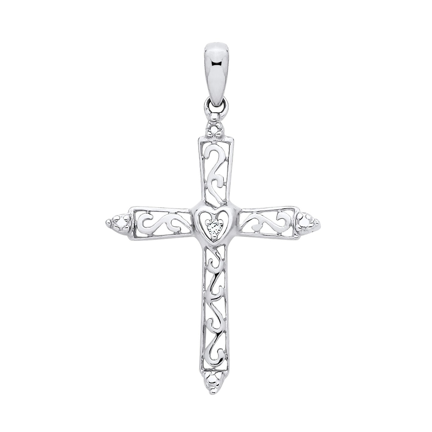 New 925 Silver &amp; Natural Diamond Set Open Patterned Cross Pendant with the weight 0.60 grams. Length x Width : 29.75mm x 17.75mm