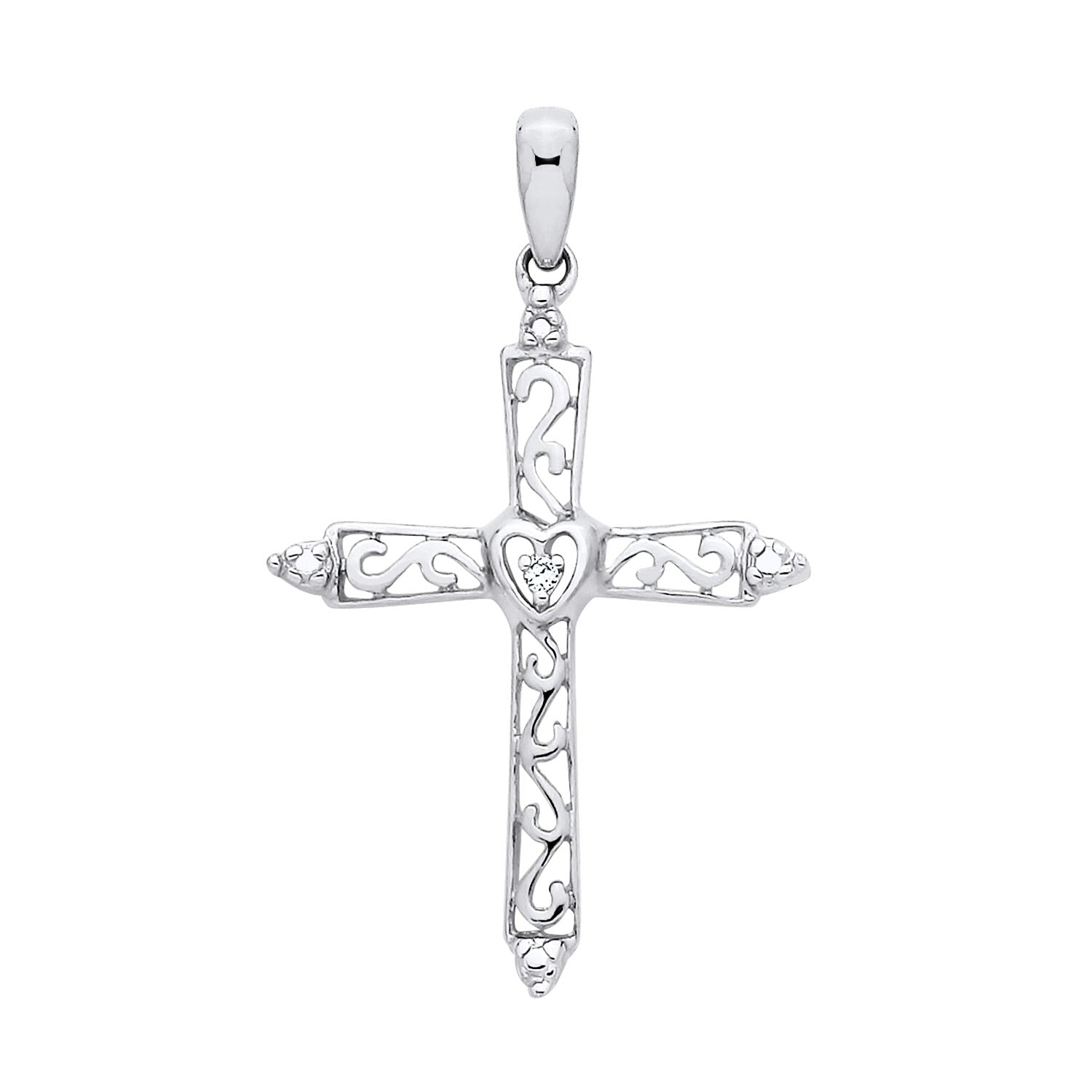 New 925 Silver &amp; Natural Diamond Set Open Patterned Cross Pendant with the weight 0.60 grams. Length x Width : 29.75mm x 17.75mm