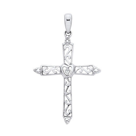 New 925 Silver &amp; Natural Diamond Set Open Patterned Cross Pendant with the weight 0.60 grams. Length x Width : 29.75mm x 17.75mm