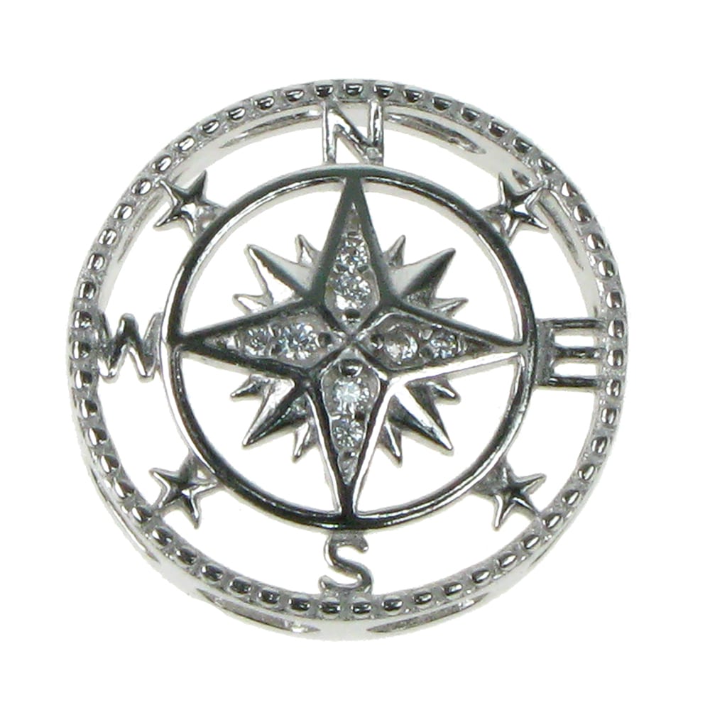 New 925 Silver &amp; Cubic Zirconia Set Compass Pendant on an 18" fine pendant chain