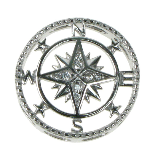 New 925 Silver &amp; Cubic Zirconia Set Compass Pendant on an 18" fine pendant chain
