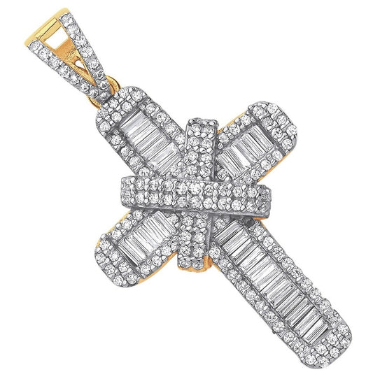 New 9ct Yellow and White Gold & Cubic Zirconia Set Cross Pendant with the weight 4.20 grams. The pendant is 4cm long including the bail by 2cm