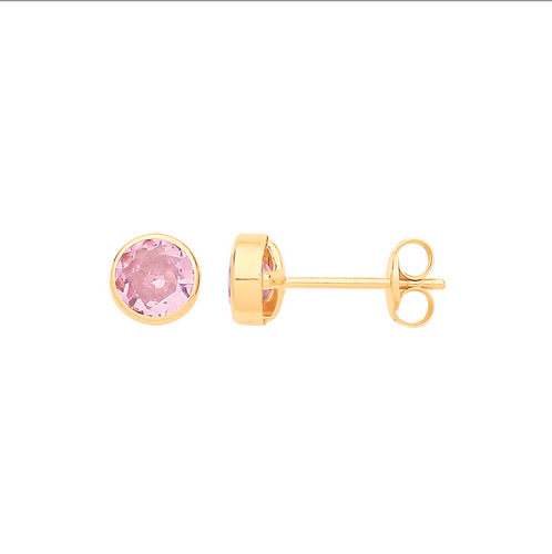 New 9ct Gold 5mm Pink Cubic Zirconia Round Stud Earrings with the weight 0.40 grams. The backs are 10mm long