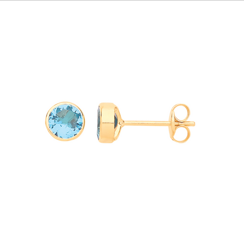New 9ct Gold 5mm Blue Cubic Zirconia Round Stud Earrings with the weight 0.40 grams. The backs are 10mm long
