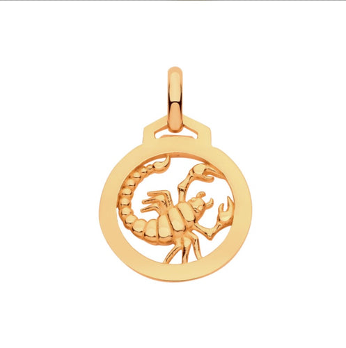 New 9ct Yellow Gold Zodiac Round Scorpio Pendant with the approximate weight 0.75 grams. The pendant is 18mm long including the bail by 12mm wide