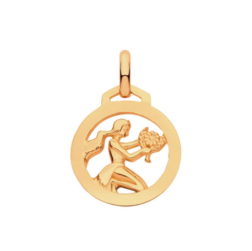 New 9ct Yellow Gold Zodiac Round Virgo Pendant with the approximate weight 0.75 grams. The pendant is 18mm long including the bail by 12mm wide