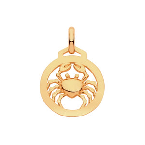 New 9ct Yellow Gold Zodiac Round Cancer Pendant with the approximate weight 0.75 grams. The pendant is 18mm long including the bail by 12mm wide
