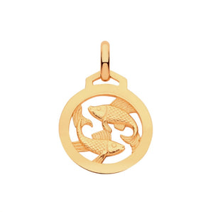 New 9ct Yellow Gold Zodiac Round Pisces Pendant with the approximate weight 0.75 grams. The pendant is 18mm long including the bail by 12mm wide