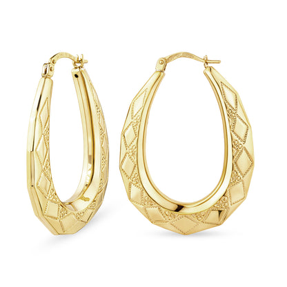 9ct Gold Victorian Patterned Oval Creole Earrings