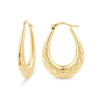9ct Gold Victorian Style Patterned Oval Creole Earrings