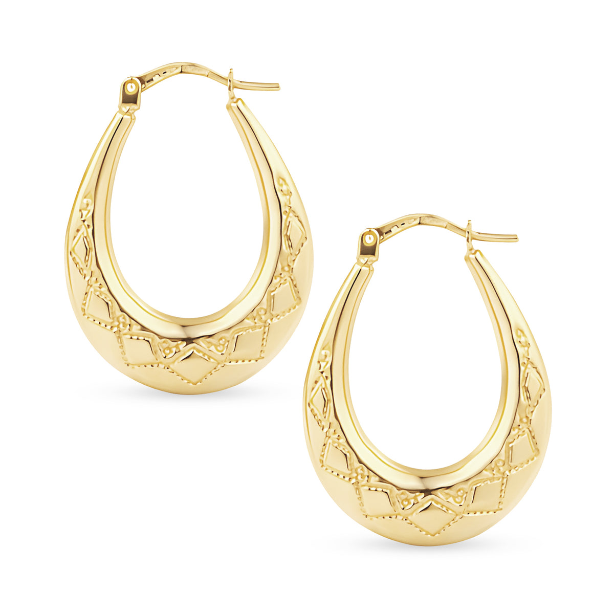 9ct Gold Victorian Style Patterned Oval Creole Earrings