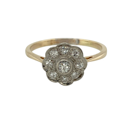 18ct Gold & Platinum Diamond Set Art Deco Flower Cluster Ring