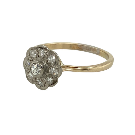 Bring vintage glamour and refined elegance to your jewellery collection with this pre-owned 18ct yellow gold and platinum diamond set Art Deco flower cluster ring, offering classic period styling with timeless sparkle—perfect for special occasions or everyday sophistication.

Design: The ring features an Art Deco–inspired flower cluster design, with the front measuring approximately 10mm in height, creating a delicate yet eye-catching focal point.
Material: Made from 18-carat yellow gold