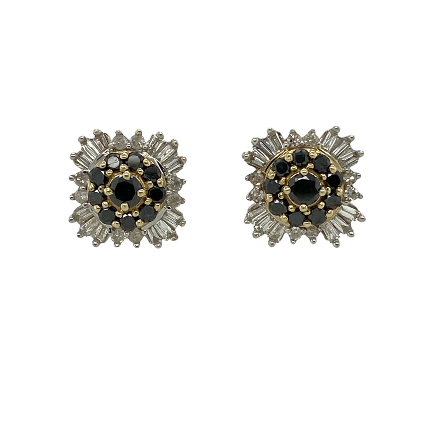 Bring striking contrast and timeless sparkle to your jewellery collection with these pre-owned 9ct yellow gold black and white diamond set cluster stud earrings, offering a bold yet elegant design—perfect for everyday wear or special occasions.

Design: The earrings feature a cluster arrangement combining black and white diamonds, creating a distinctive and eye-catching contrast with balanced sparkle.