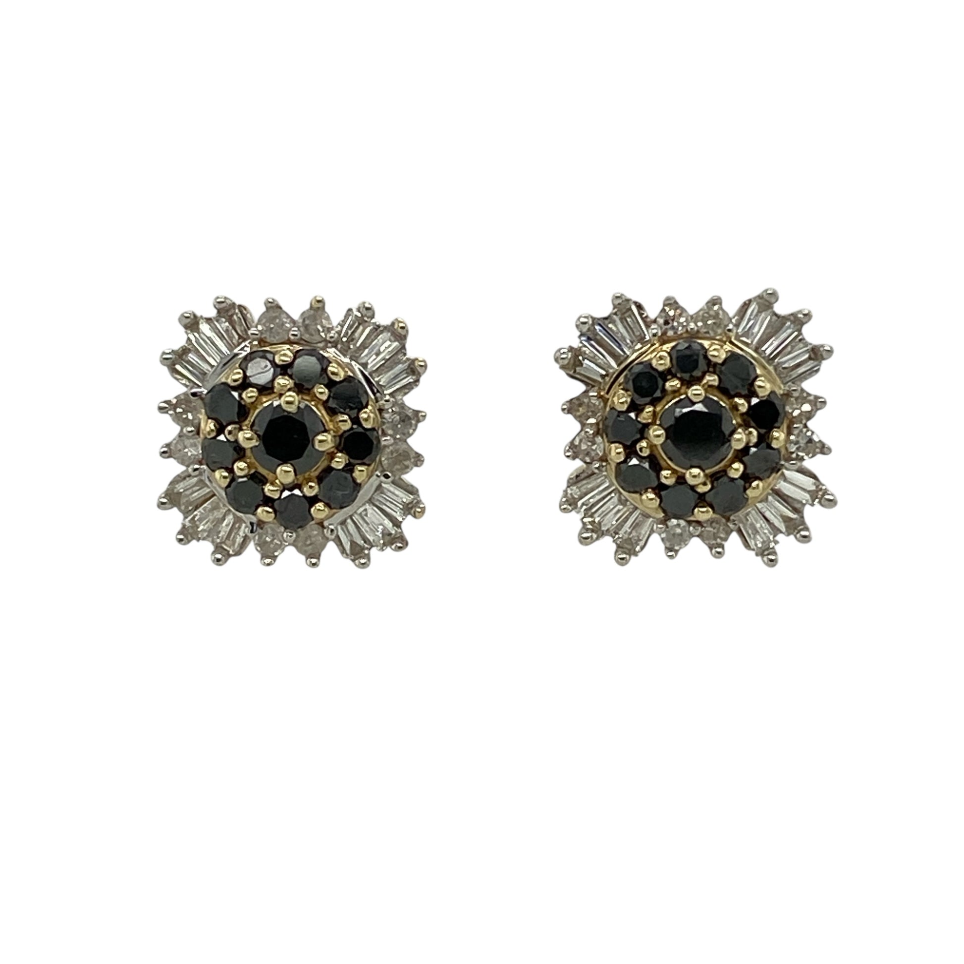 Bring striking contrast and timeless sparkle to your jewellery collection with these pre-owned 9ct yellow gold black and white diamond set cluster stud earrings, offering a bold yet elegant design—perfect for everyday wear or special occasions.

Design: The earrings feature a cluster arrangement combining black and white diamonds, creating a distinctive and eye-catching contrast with balanced sparkle.