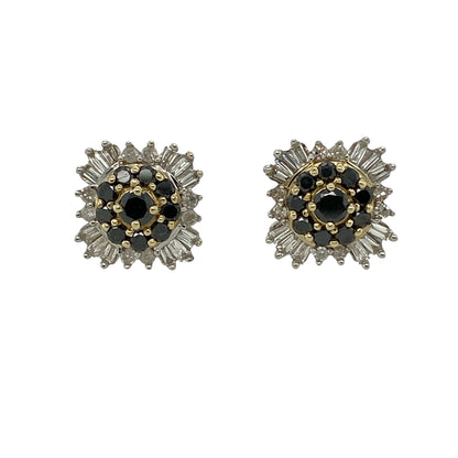Bring striking contrast and timeless sparkle to your jewellery collection with these pre-owned 9ct yellow gold black and white diamond set cluster stud earrings, offering a bold yet elegant design—perfect for everyday wear or special occasions.

Design: The earrings feature a cluster arrangement combining black and white diamonds, creating a distinctive and eye-catching contrast with balanced sparkle.