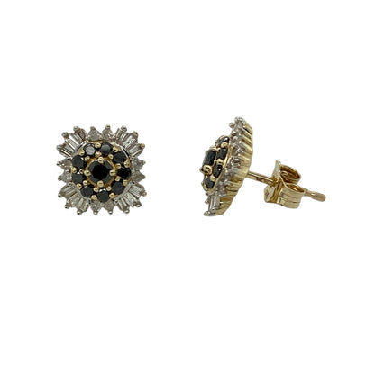 9ct Gold & Black and White Diamond Set Cluster Stud Earrings