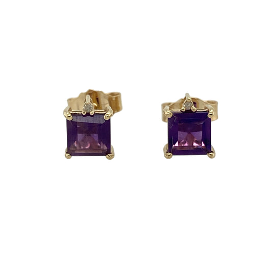 Bring rich colour and classic sparkle to your jewellery collection with these pre-owned 9ct yellow gold diamond and amethyst set stud earrings, offering a refined design with timeless appeal—perfect for everyday wear or special occasions.

Design: The earrings feature square-cut amethyst stones, each measuring approximately 5mm by 5mm, accented with diamond detailing for added brilliance and contrast.