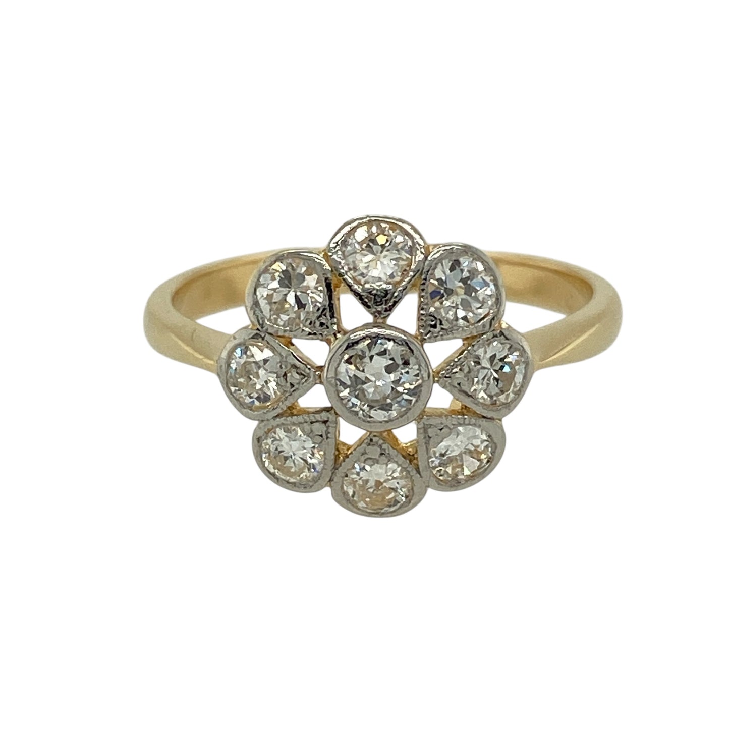18ct Gold & Platinum Diamond Set Art Deco Flower Style Cluster Ring