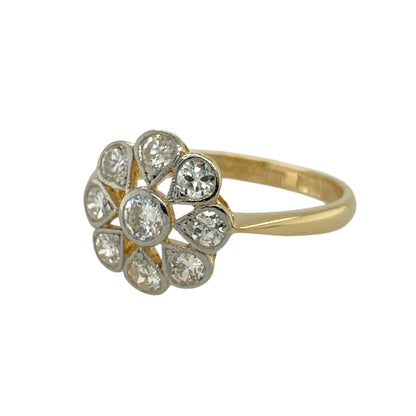 Bring vintage glamour and refined elegance to your jewellery collection with this pre-owned 18ct yellow gold and platinum diamond set Art Deco flower style cluster ring, offering classic period design with timeless sparkle—perfect for special occasions or statement wear.

Design: The ring features an Art Deco–inspired flower style cluster arrangement, with the front measuring approximately 12mm in height to create a bold yet elegant focal point.