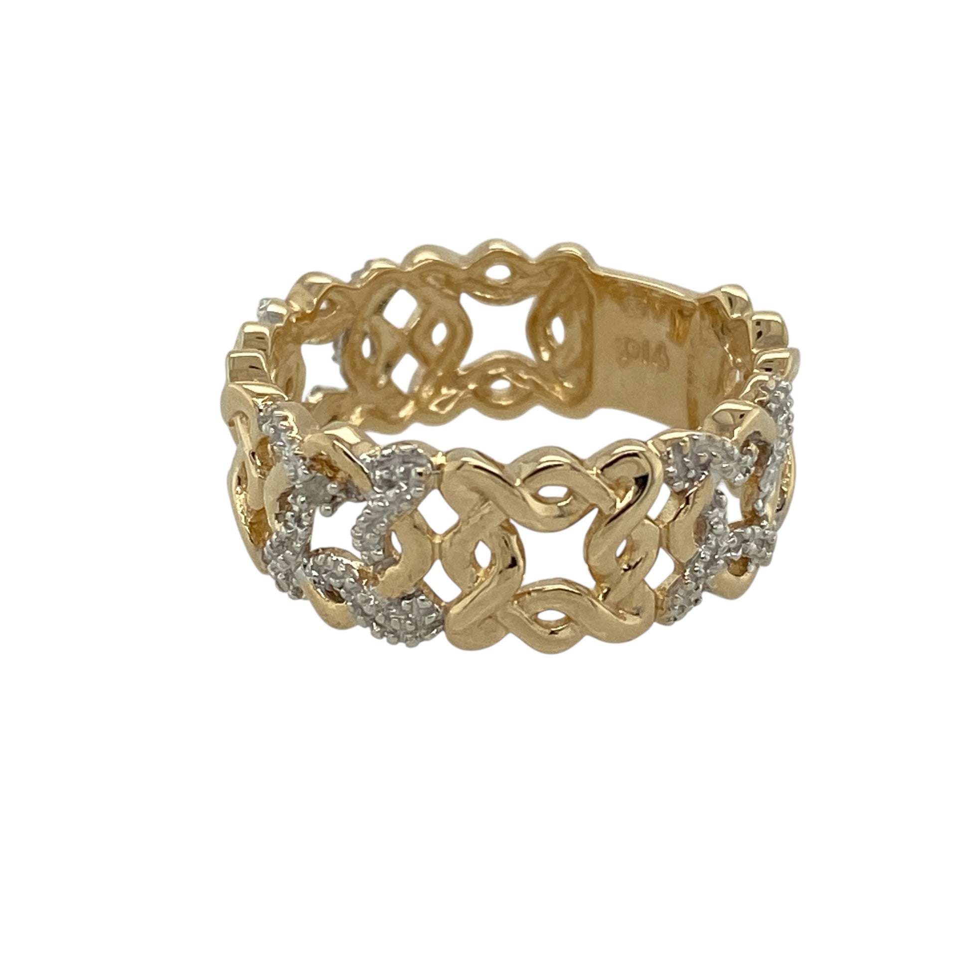 Bring meaningful symbolism and timeless style to your jewellery collection with this pre-owned 9ct yellow and white gold diamond set open Celtic knot band ring, offering a bold design with elegant contrast—perfect for everyday wear or as a thoughtful gift.

Design: The ring features an open Celtic knot motif across the band, accented with diamond detailing for subtle sparkle. The band measures approximately 7mm in width, giving it a strong and confident presence.