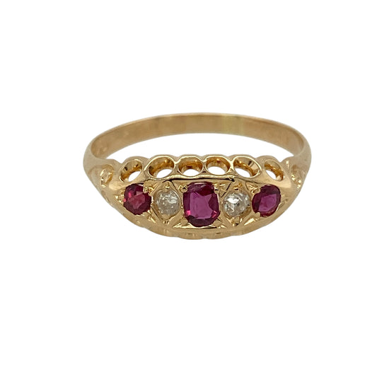 18ct Gold Diamond & Ruby Set Vintage Style Ring