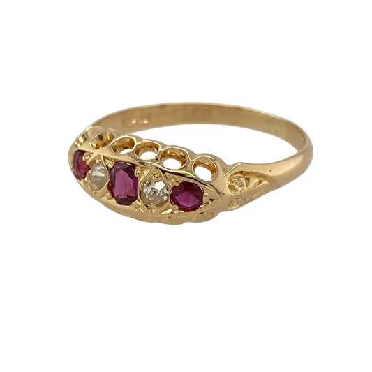 Bring vintage charm and rich colour to your jewellery collection with this pre-owned 18ct yellow gold diamond and ruby set boat style ring, offering a timeless design with elegant detail—perfect for everyday wear or special occasions.

Design: The ring features a classic vintage boat-style setting, centred with an oval ruby measuring approximately 4mm by 3mm, complemented by diamond accents that add refined sparkle.