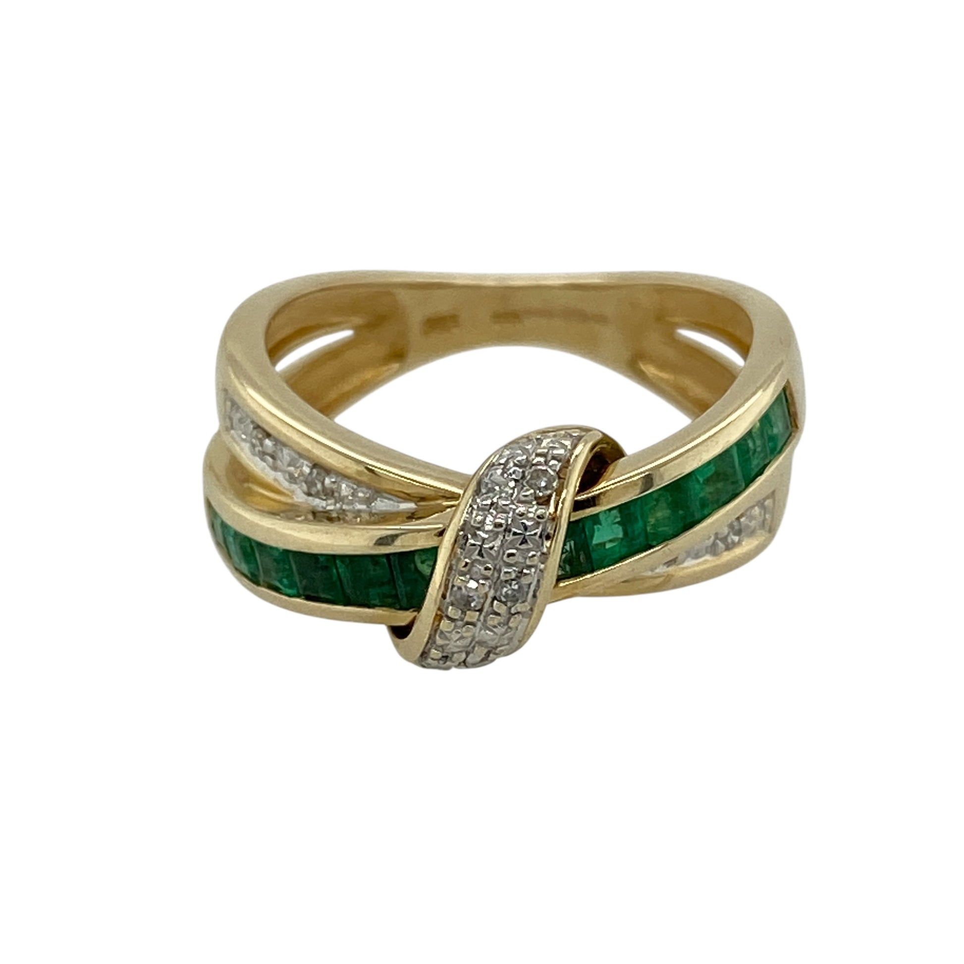 9ct Gold Diamond & Emerald Set Crossover Ring