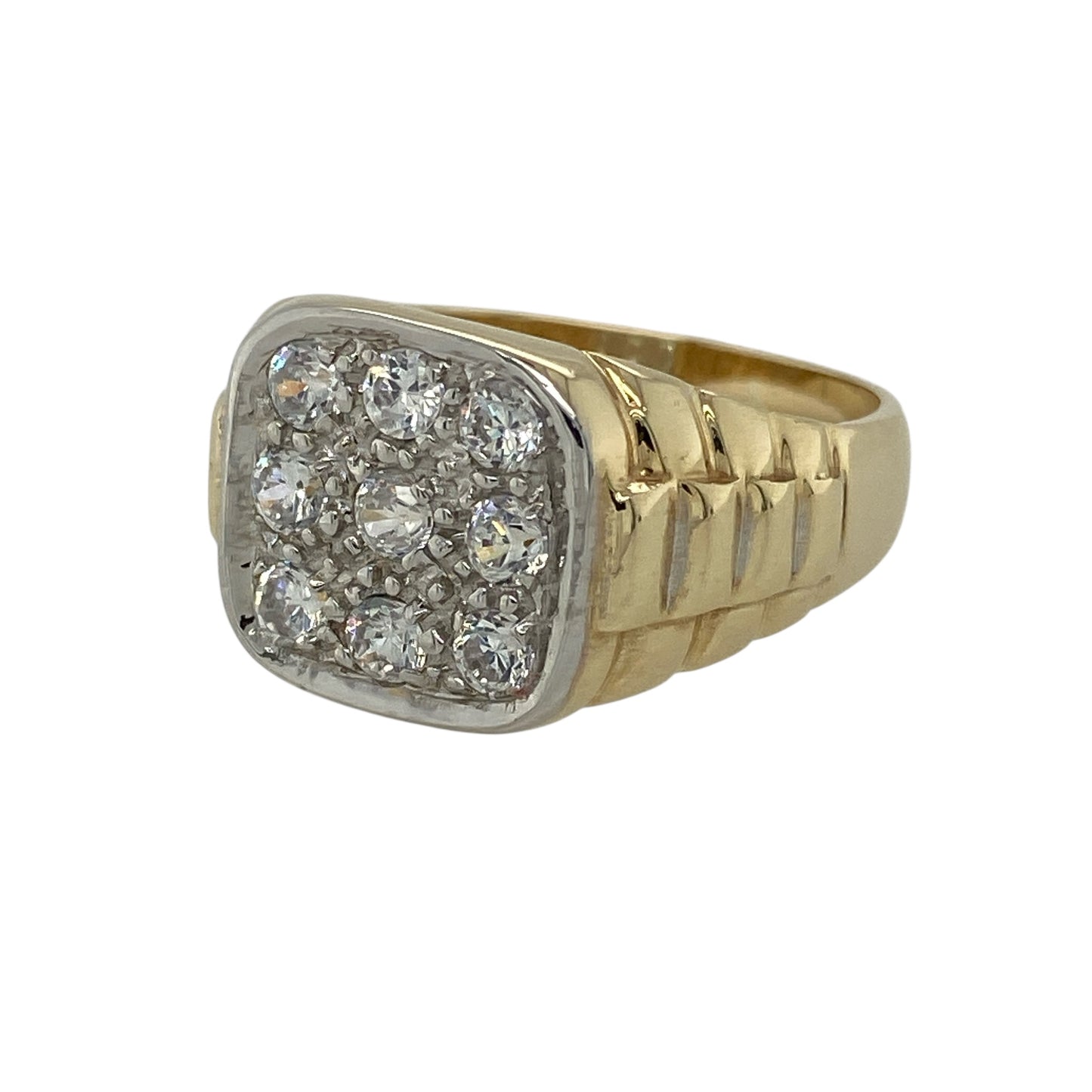 Bring bold style and refined detail to your jewellery collection with this pre-owned 9ct yellow and white gold cubic zirconia set signet ring, offering a classic design with a contemporary edge—perfect for everyday wear or statement styling.

Design: The ring features a traditional signet profile accented with cubic zirconia detailing on the face, with the front measuring approximately 12mm in height for a strong and confident presence.
