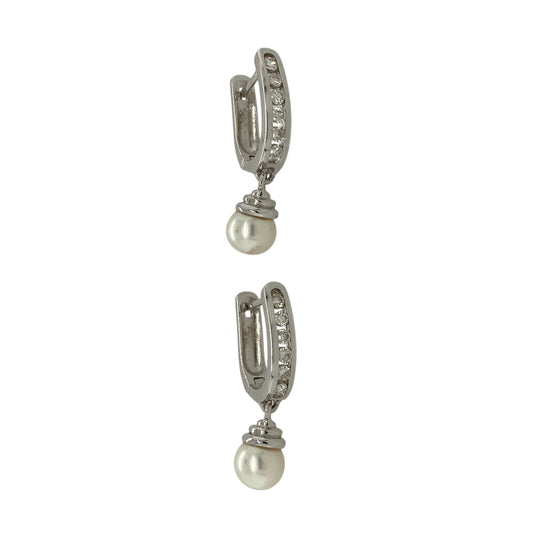 18ct White Gold Diamond & Pearl Drop Huggie Earrings