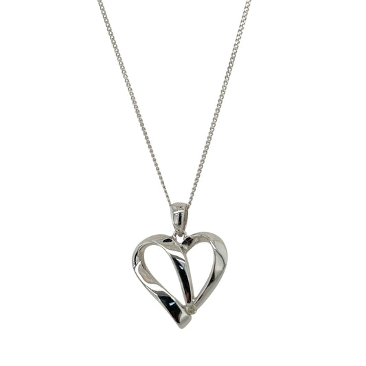 9ct White Gold & Diamond Set Open Heart 18" Necklace