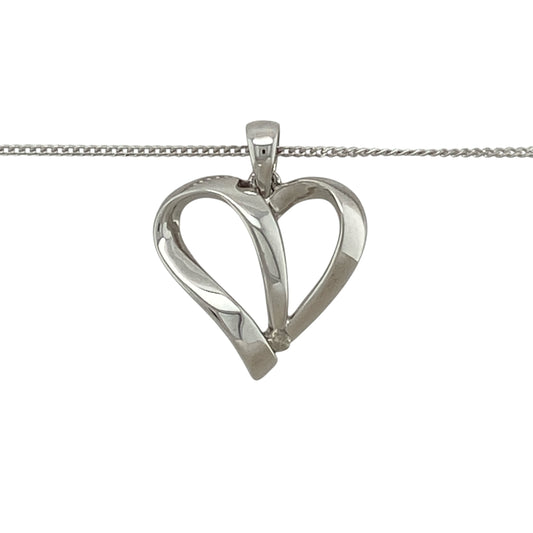 Add a touch of romantic elegance to your jewellery collection with this pre-owned 9ct white gold and diamond set open heart pendant necklace, offering a delicate design with timeless sparkle—perfect for everyday wear or as a meaningful gift.

Design: The necklace features an open heart pendant accented with diamond detailing, measuring approximately 1.9cm in length including the bail, suspended from a fine 18" curb chain for a refined finish.