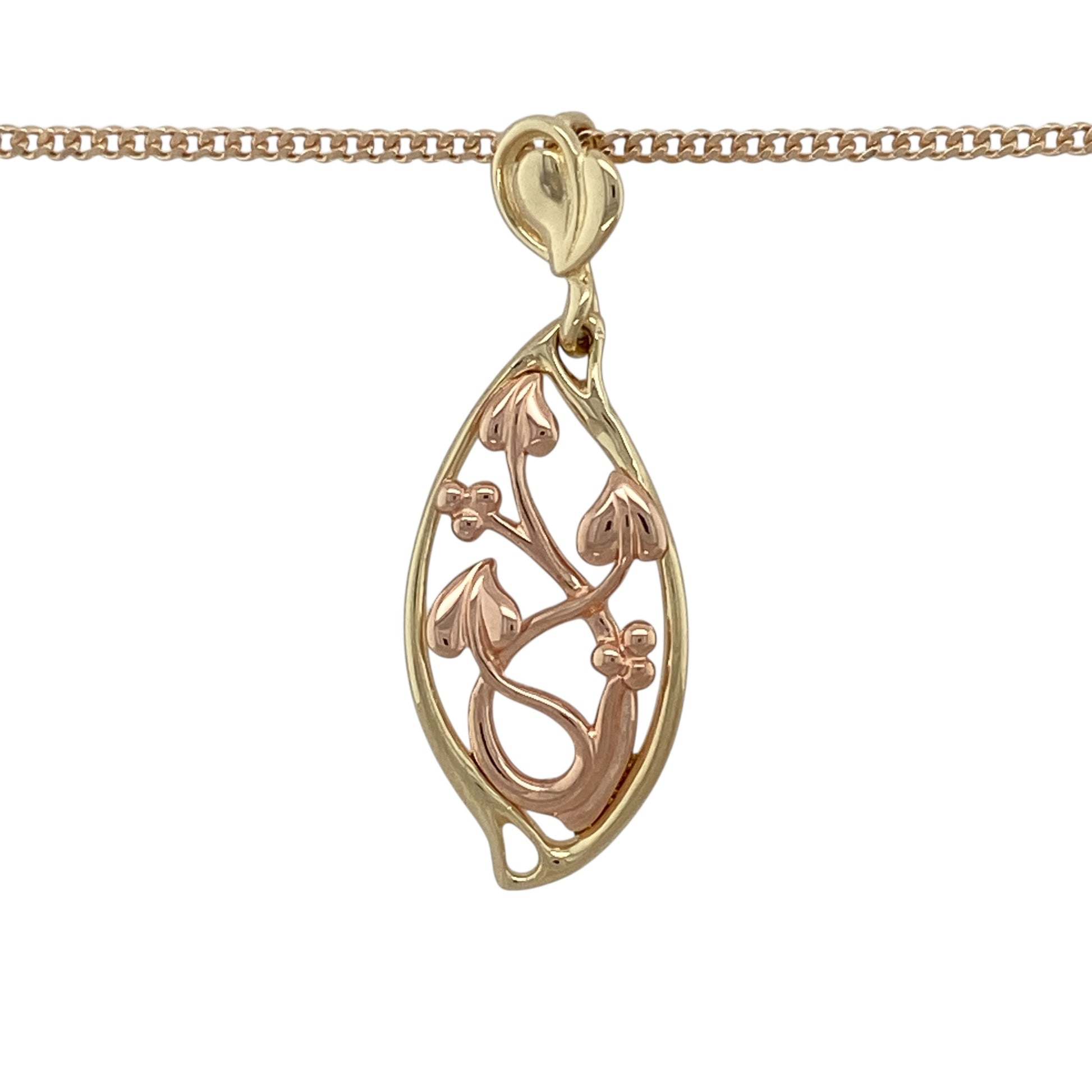 Add meaningful symbolism and elegant two-tone style to your jewellery collection with this pre-owned 9ct yellow and rose gold Clogau Tree of Life pendant necklace, offering a timeless design with graceful presence—perfect for everyday wear or as a thoughtful gift.

Design: The pendant features an oval, leaf-shaped Tree of Life motif, symbolising growth, strength, and connection, measuring approximately 3.6cm in length including the bail, and suspended from a 22" curb chain.