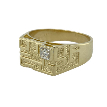 Add bold style and modern elegance to your jewellery collection with this pre-owned 9ct yellow gold and diamond set geometric patterned signet ring, offering a striking design with refined detail—perfect for statement wear.

Design: The ring features a geometric patterned signet front measuring approximately 10mm in height, finished with a single diamond set neatly into one corner for subtle sparkle and contrast.