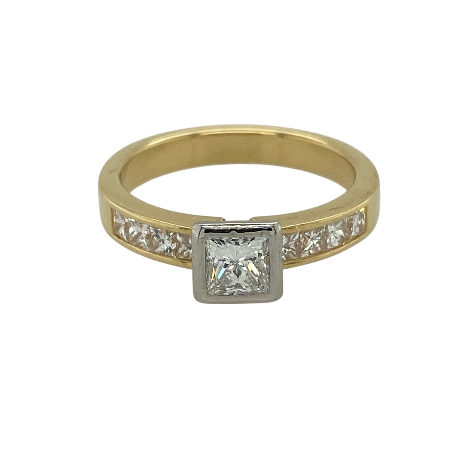 18ct Gold & Diamond Set Princess Cut Solitaire Ring