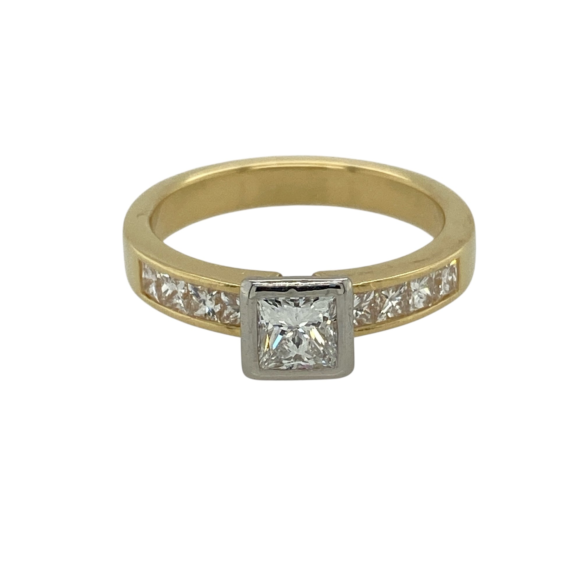 18ct Gold & Diamond Set Princess Cut Solitaire Ring
