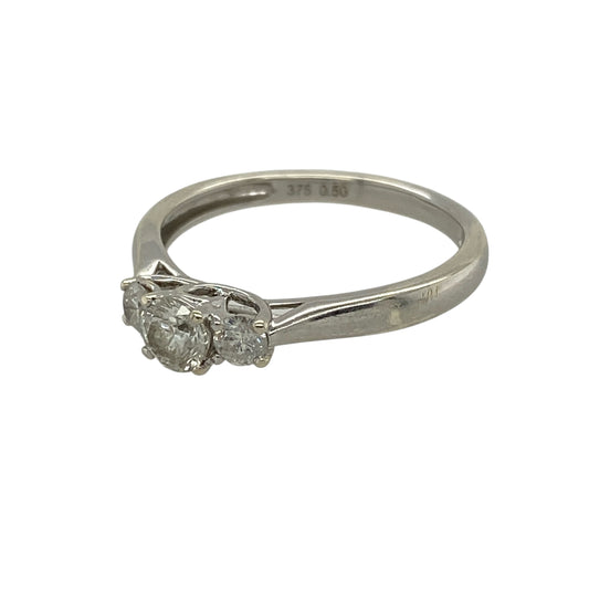 Add timeless sparkle and meaningful design to your jewellery collection with this pre-owned 9ct white gold and diamond set trilogy ring, offering classic elegance with beautiful brilliance—perfect for special occasions or everyday wear.

Design: The ring features three brilliant-cut diamonds arranged in a traditional trilogy style, creating a balanced and elegant look with lasting appeal.