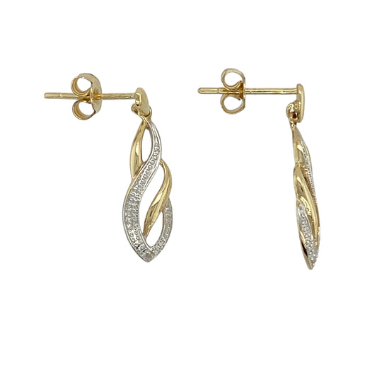 9ct Gold & Diamond Set Swirl Drop Earrings