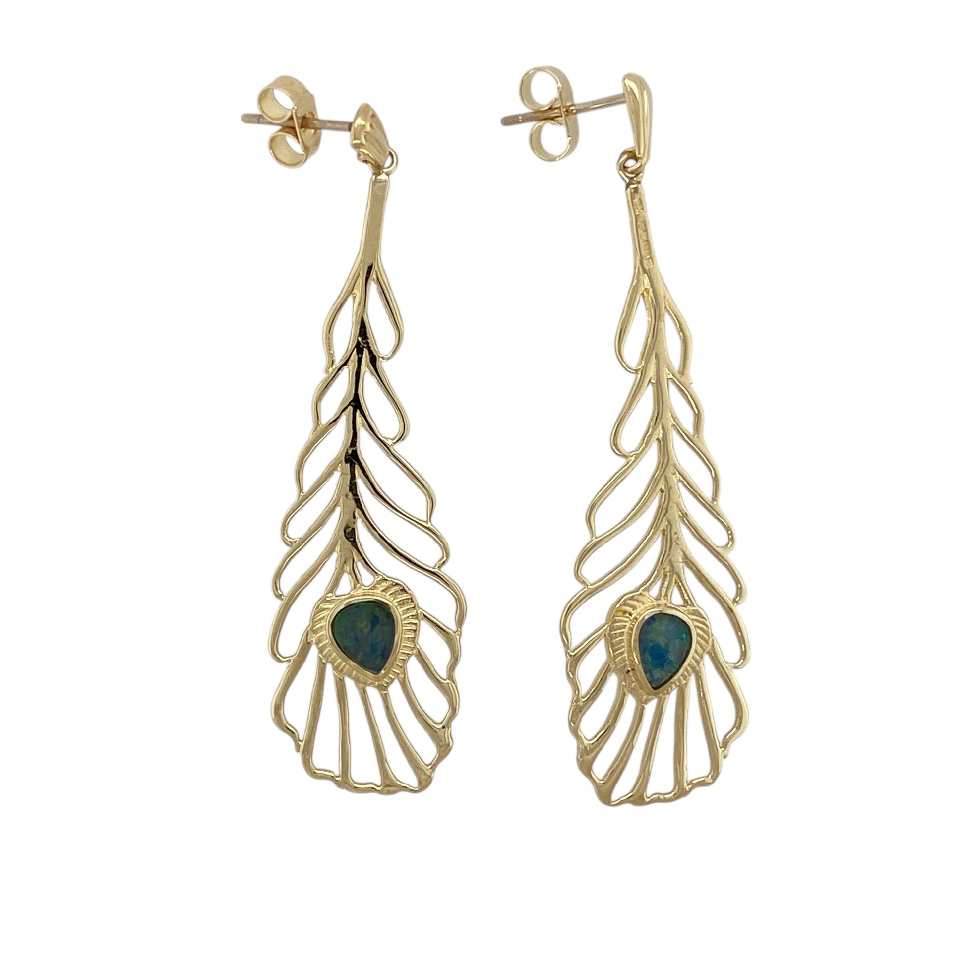 9ct Gold & Opalique Set Feather Drop Earrings